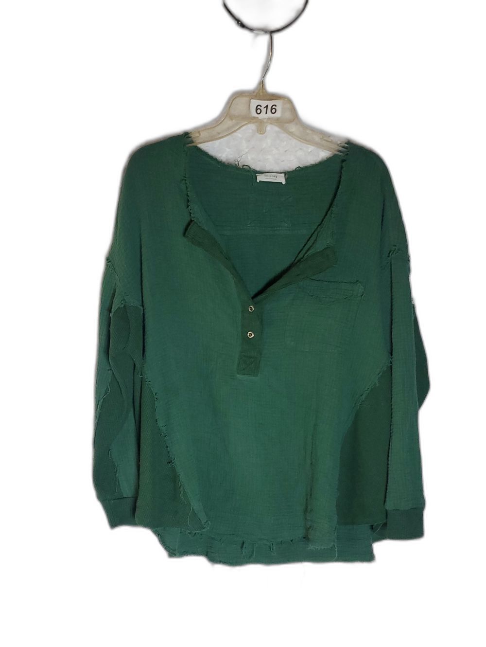 Green Raw-Edge Henley Pullover Size XL